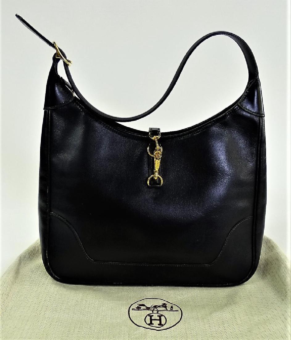 AUTHENTIC HERMES BLACK LEATHER TRIM SHOULDER BAG
