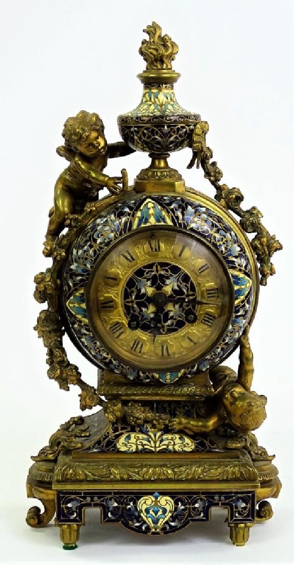 ANTIQUE FRENCH ENAMELED AND BRONZE CLOCK (1 of 5)