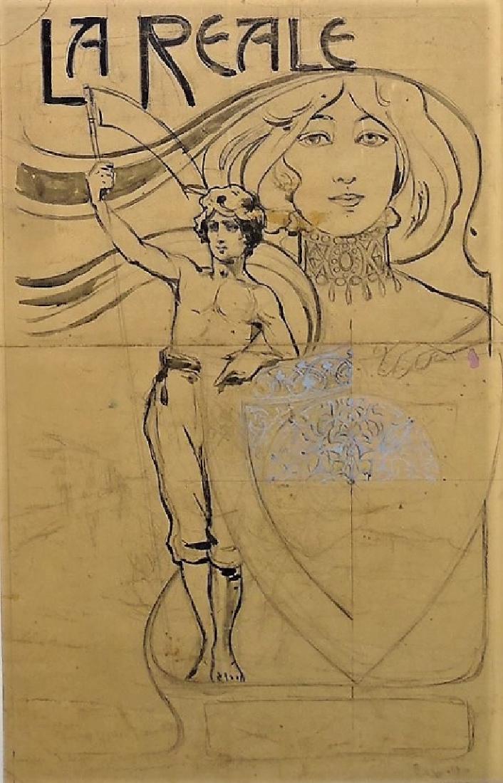 LEONETTO CAPPIELO CHARCOAL & PASTEL ON PAPER: Rare and original charcoal & pastel on paper poster draft for La Reale by Leonetto Cappielo (Italian/French, 1875 - 1942). Hand signed in lower right. Framed under glass. Poster size measures approx. 