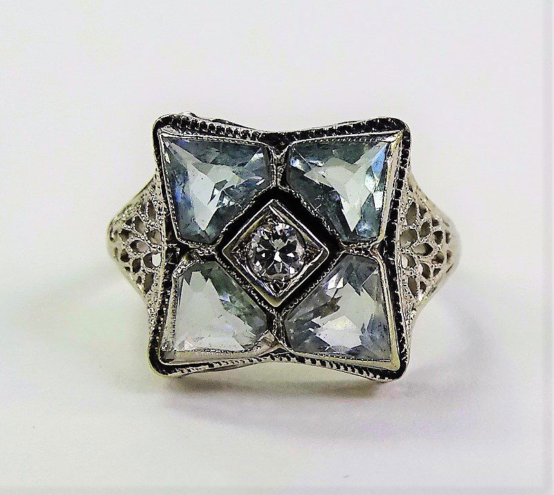 DECO ERA 14KT WHITE GOLD FILIGREE AQUAMARINE RING (1 of 4)
