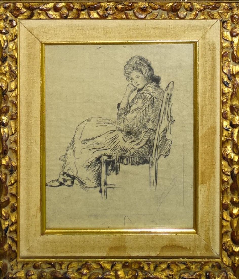 ANTIQUE ETCHING OF SEATED WOMAN SIGNED (1 of 3)