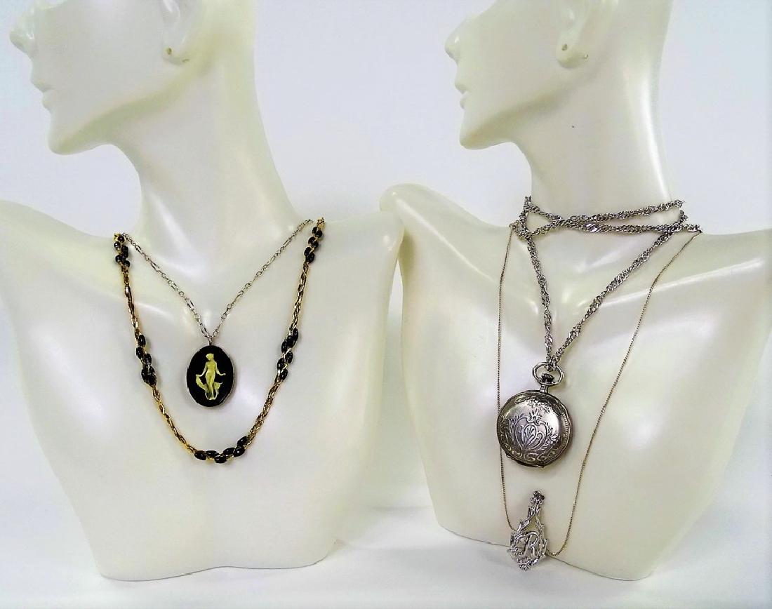 LOT OF 4 ANTIQUE PENDANT NECKLACES: Lot of four antique and vintage necklaces, consisting of; one 935 German silver cameo pendant necklace, one Sarah costume pendant necklace, one Paskar Watch Co. sterling case pocket watch on sterling 