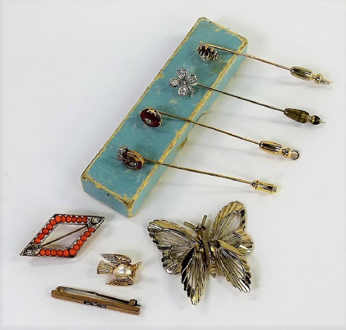 LOT OF 8 ANTIQUE STICK PINS & LAPEL PINS
