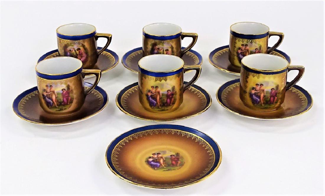 ANTIQUE 12PC CZECH DEMITASSE PORCELAIN SET: Lot of six Czech porcelain demitasse cups and saucers, decorated with allegorical transfer print scenes by Angellica Kauffman. Cups measure approx. 1-7/8" H, saucers measure approx. 3-3/4" in diameter