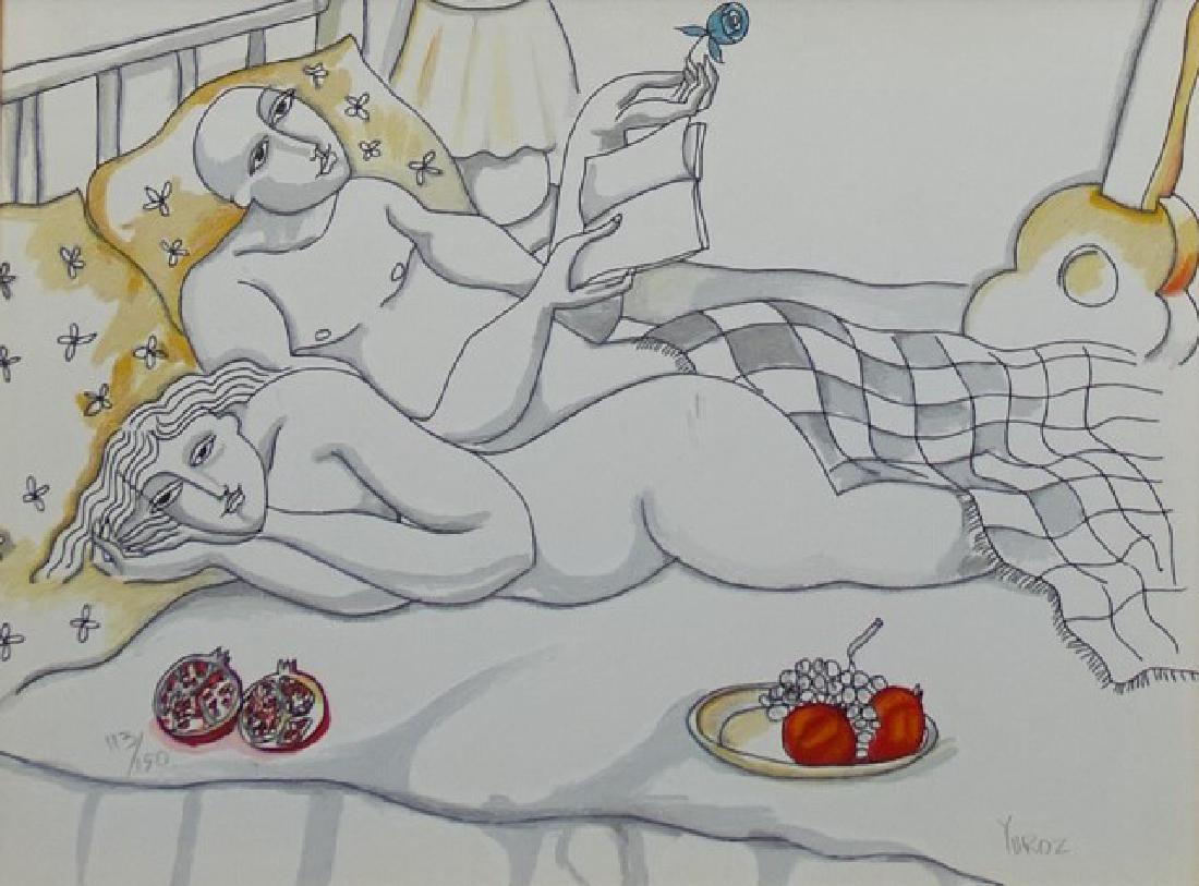 YUROZ LIMITED EDITION COLOR SERIGRAPH SIGNED: Yuroz (??,); Limited edition color serigraph in depiction of a recumbant nude female and reclining male figure in bed. Pencil signed in lower right. Numbered 113 from an edition of 150 in lower left. 