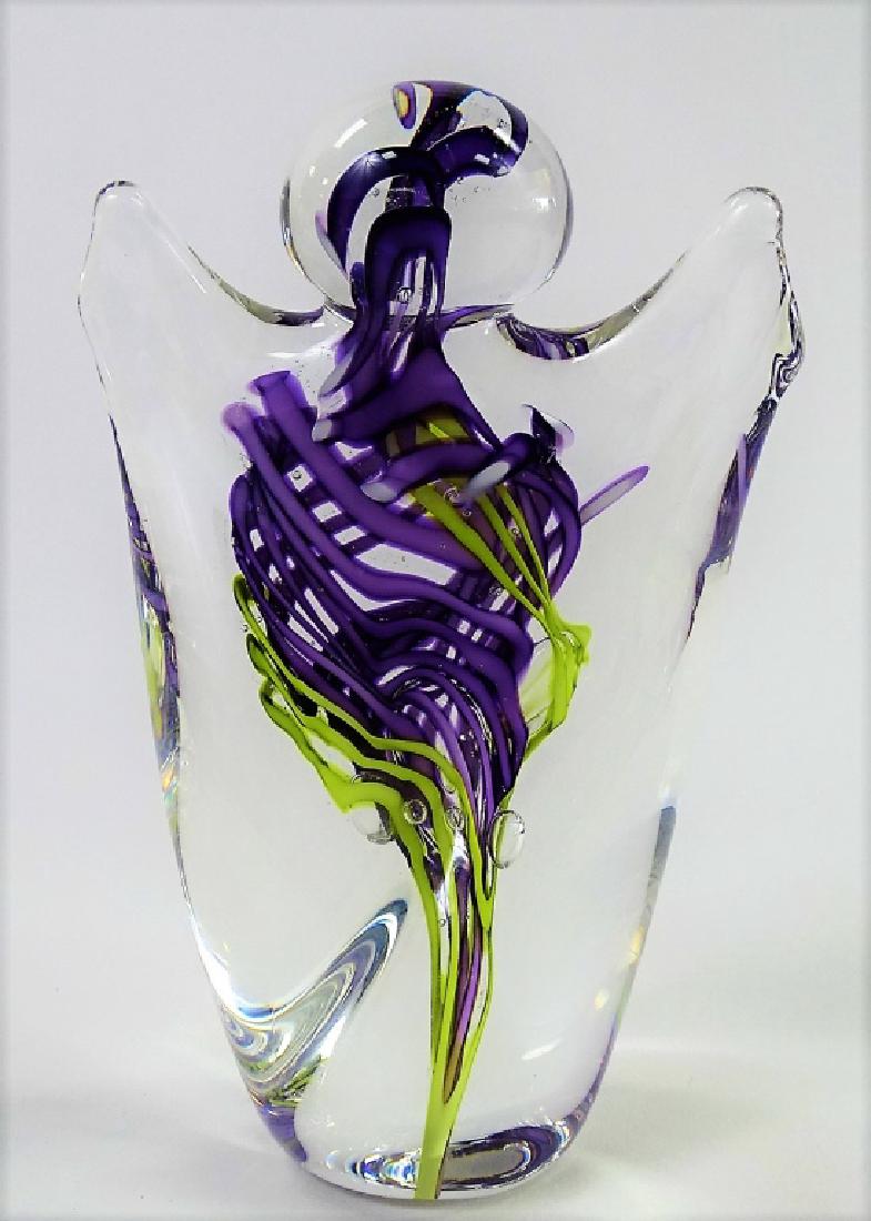MODERN MURANO ITALY ART GLASS SCULPTURE: Modern Murano Italy glass sculpture, in humanoid form, controlled yellow and purple cased in colorless. Etched artist initials to base edge. Measures 6-1/2" H. Referred shippers available upon request