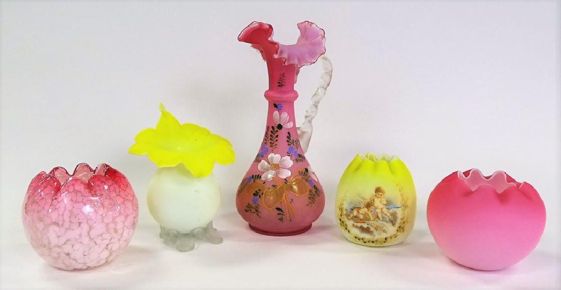 LOT OF 5 ANTIQUE SATIN GLASS OBJECTS D'ART (1 of 2)