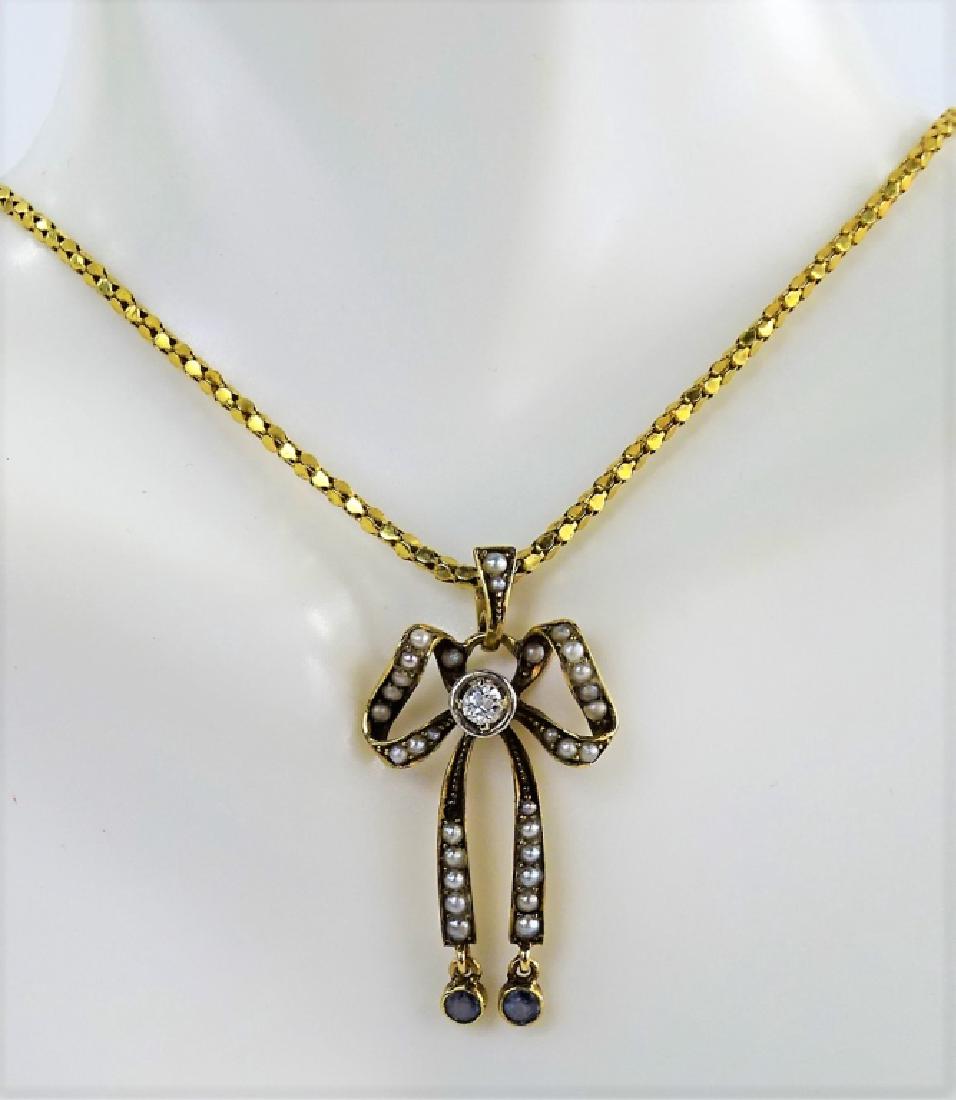 ANTIQUE 14KT YG SEED PEARL BOW PENDANT NECKLACE (1 of 4)