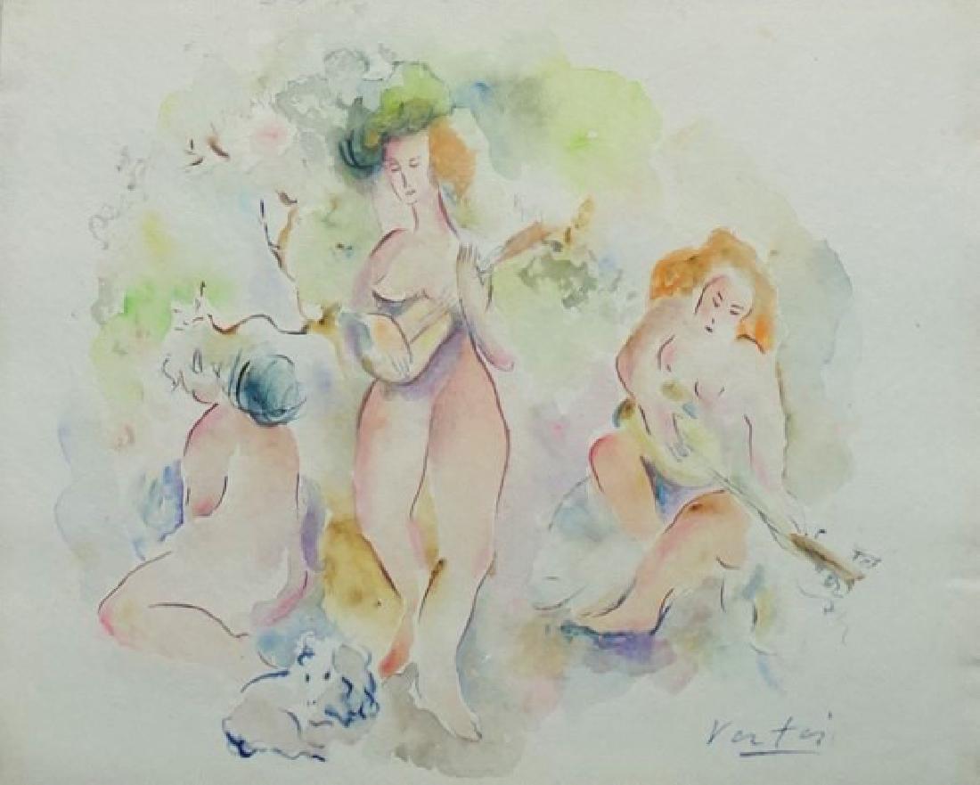 MARCEL VERTES ORIGINAL WATERCOLOR ON PAPER: Vertes, Marcel (Hungarian/American, 1895 - 1961); Original watercolor on paper in depiction of three nude female minstrels. Signed in lower right. Framed under glass. Overall measurements are 19" H x