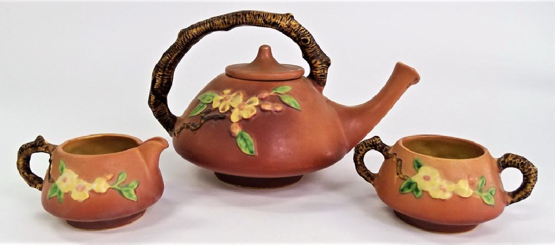 3PC ROSEVILLE POTTERY "APPLE BLOSSOM" TEA SET (1 of 5)