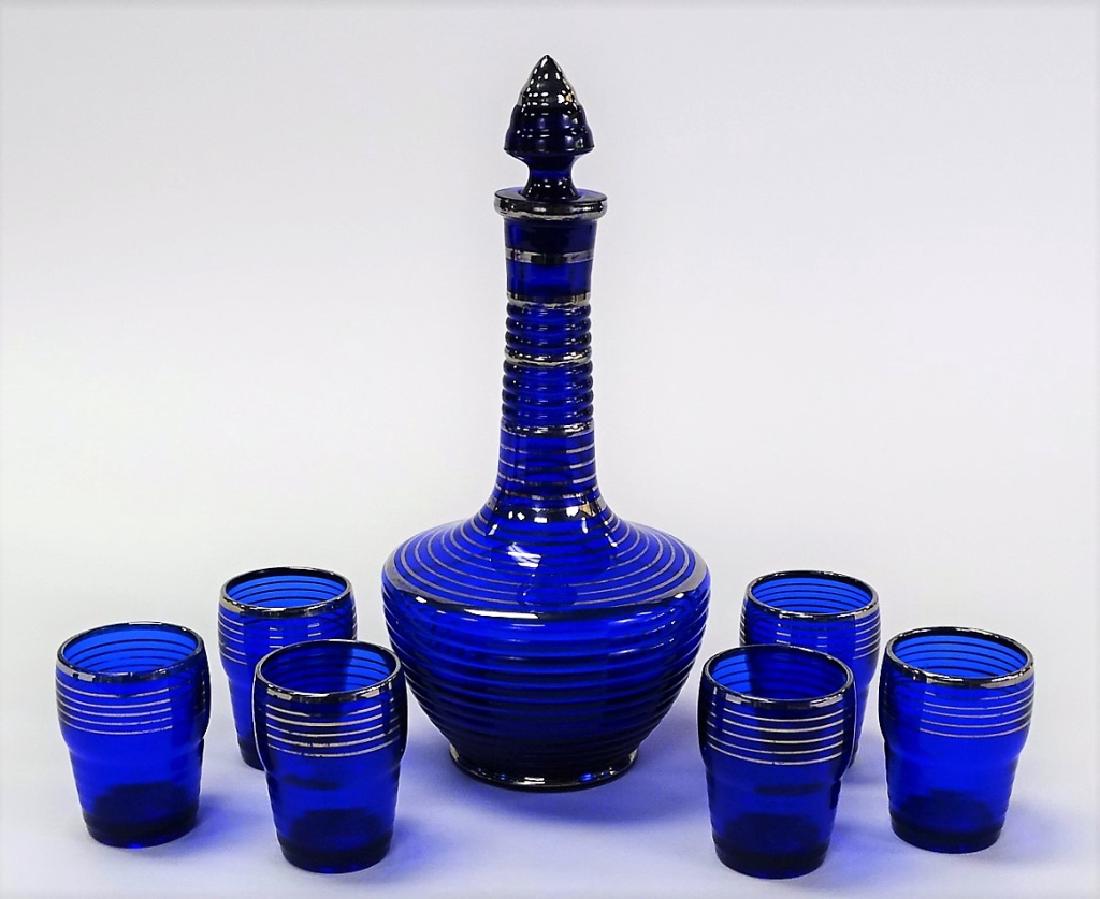 VTG 7PC BOHEMIAN COBALT GLASS DECANTER SET (1 of 3)