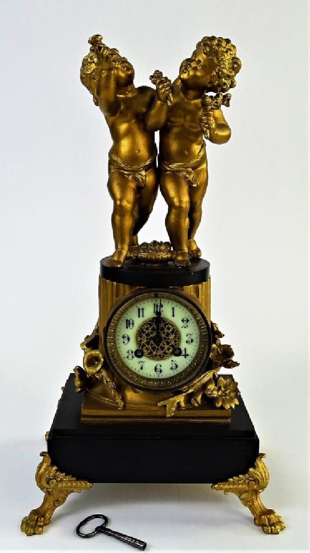 FRENCH BRONZE CHERUB FIGURAL MANTLE CLOCK (1 of 2)