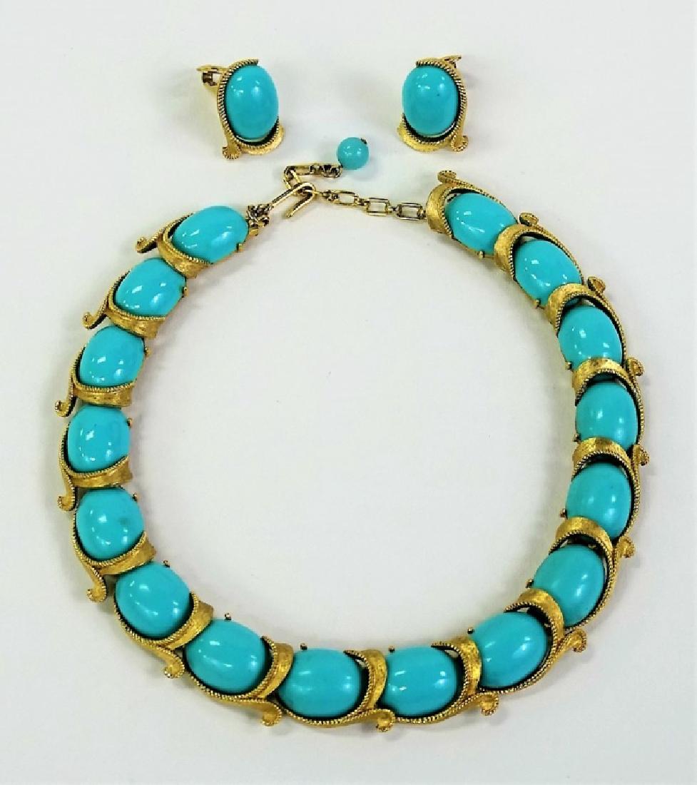 VINTAGE TRIFARI FAUX TURQUOISE GOLD TONE SUITE: Large choker necklace. Along with matching earrings. Shipping U.S. to be $15 plus insurance. We will combine shipping.