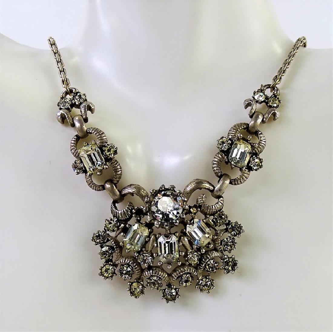 SIGNED CORO SILVER TONE & RHINESTONE NECKLACE: Vintage piece measures about 15" long. Great Victorian look. Shipping to be $15 plus insurance. We will combine shipping.