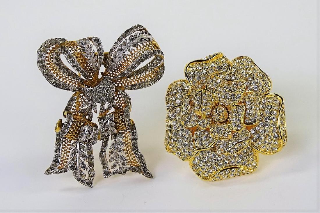 LOT OF TWO GOLD TONE SIGNED RHINESTONE BROOCHES (1 of 2)