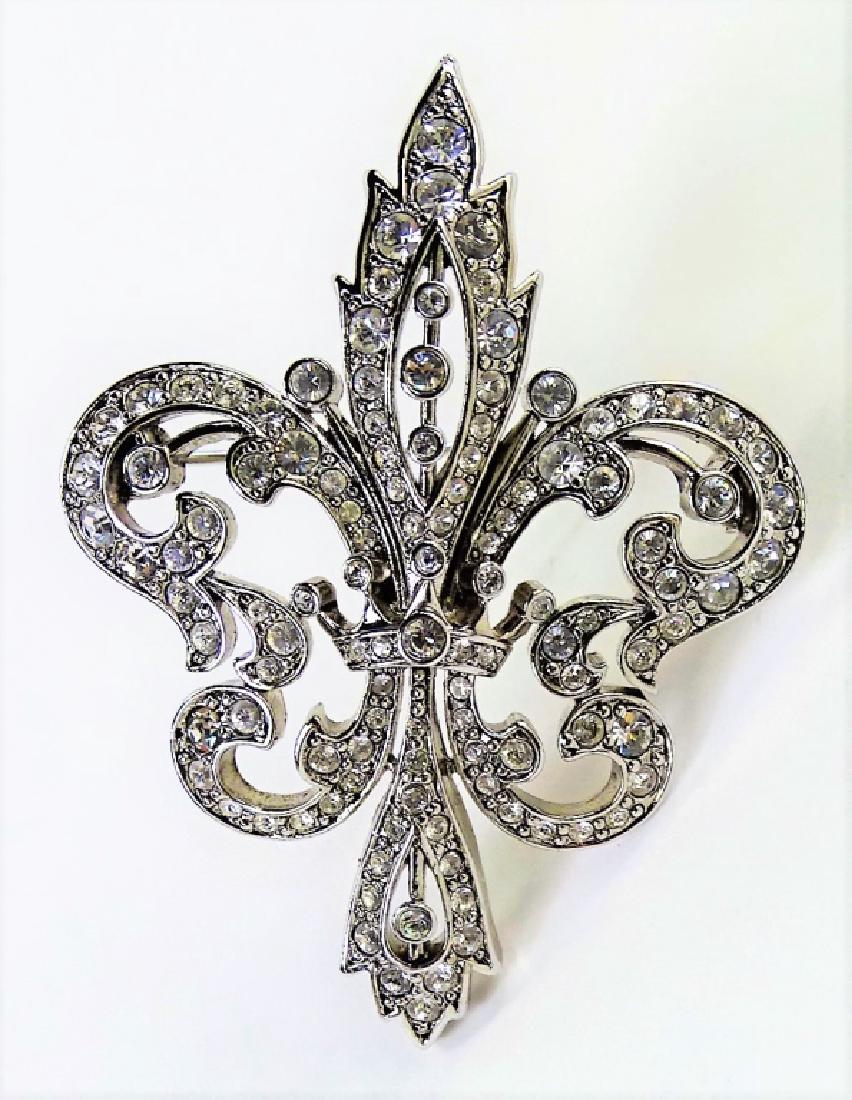 SIGNED KENNETH J LANE SILVER TONE & RHINESTONE PIN: Measures approx. 2 1/4" Long. Signed by the recently deceased K.J.L Shipping to be $15 plus insurance. We will combine shipping.