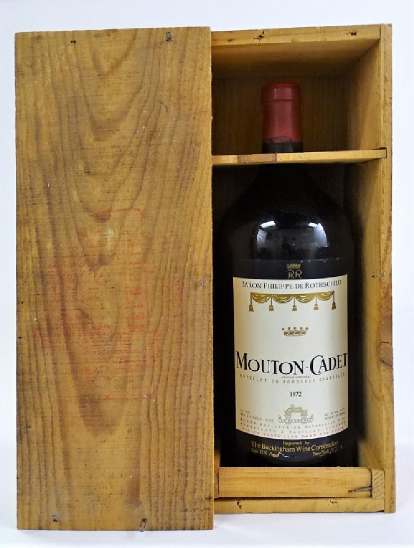 1972 BARON PHILIPPE DE ROTHSCHILD MOUTON CADET: Vintage 3Qt. bottle of Baron Philippe de Rothschild 'Mouton-Cadet' red bordeaux wine, in original wood shipping crate. Un-opened, sealed with red wax. Imported by The Buckingham Wine Corporation, New 