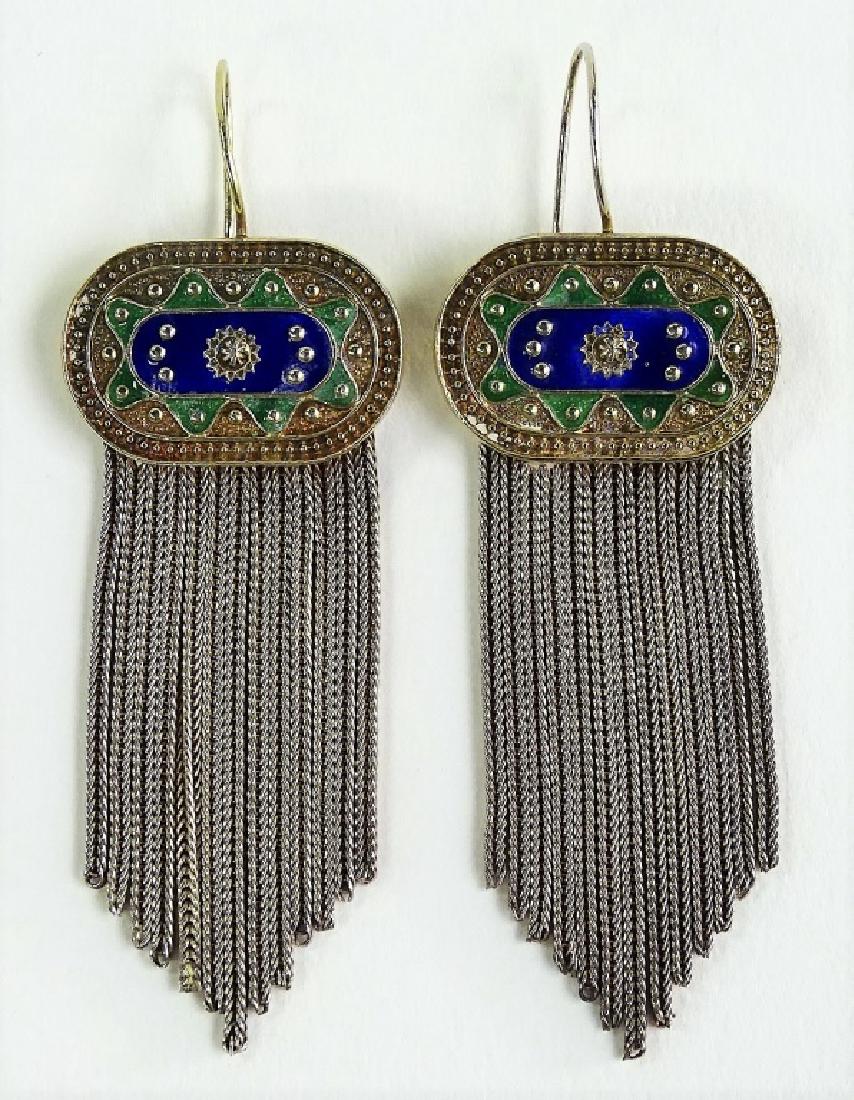 PR ENAMELED 925 STERLING SILVER TASSEL EARRINGS: Pair of vintage 925 sterling silver earrings with dangling braid tassels suspended from an oval surmount, embellished with hand-laid enamels on the stippled beadwork ground. Combined total weight is a