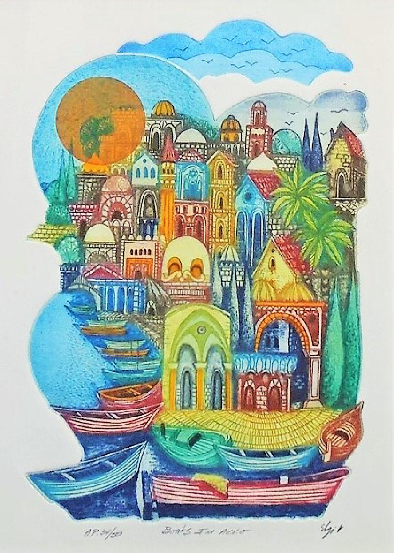 AMRAM EBGI 'BOATS IN ACCO' L.E. EMBOSSED MEZZOTINT (1 of 3)