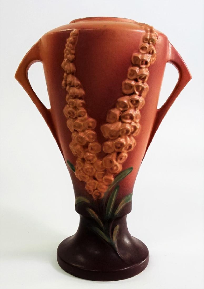 ROSEVILLE TALL HANDLED 'FOXGLOVE' POTTERY VASE (1 of 4)