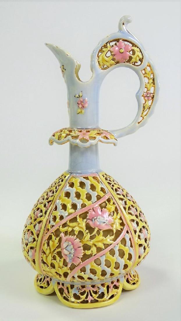 ANTIQUE ZSOLNAY RETICULATED HANDLED EWER (1 of 4)