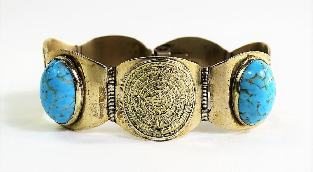 VTG TAXCO STERLING & TURQUOISE AZTEC LINK BRACELET (1 of 4)
