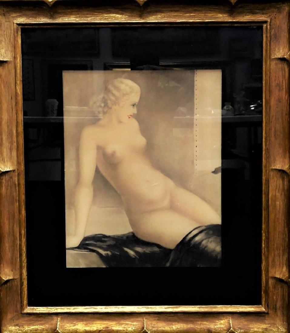 LOUIS ICART NUDE COPPER PLATE ENGRAVING SIGNED: Louis Icart (French, 1888 - 1950); 1932 copper plate engraving on paper titled 'My Model', in depiction of a seated nude female. Pencil signed in lower right. Embossed windmill stamp in lower left. "C
