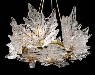 LALIQUE FRANCE 'CHAMP ELYSEES' CRYSTAL CHANDELIER: Lalique France fine crystal 'Champ Elysees' chandelier, with single tier six-light gold-tone gilded metal frame. With six molded and frosted veined leaf shades, in clear color. Handcrafted in France.