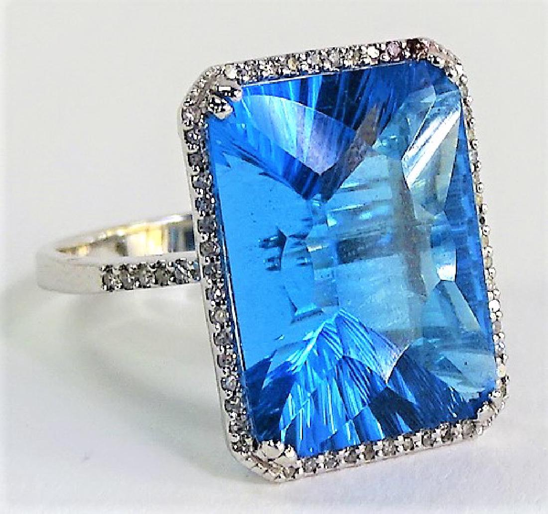 LARGE BLUE TOPAZ 14KT WHITE GOLD & DIAMOND RING (1 of 4)