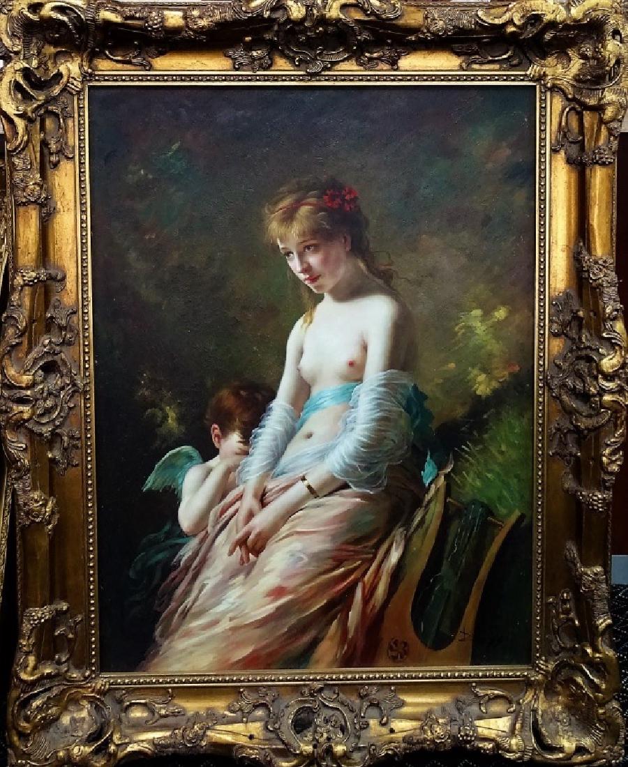 20TH C. OIL ON CANVAS PORTRAIT PTG SIGNED ROSSI: 20th century oil on canvas painting in depiction of a Old Master style portrait of a seated nude female with lyre and hiding cherub. Signed "Rossi" in lower right. Canvas size measures approx. 40"H x 