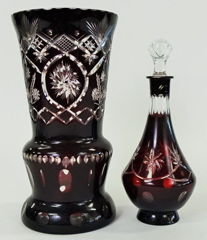 RUBY CUT TO CLEAR BOHEMIAN GLASS VASE & BOTTLE (1 of 3)