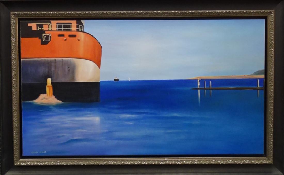ATTRIBUTED JEFFREY SMART OIL/CANVAS SEASCAPE PTG: Smart, Jeffrey (Australian/Italian, 1921 - 2013); Attributed oil painting on canvas in depiction of a seascape scene with view of cruise ship and single female figures standing at end of dock. With fo