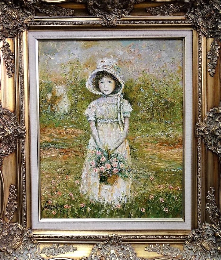 LESVER DE QUIROS ORIGINAL OIL ON CANVAS PORTRAIT: De Quiros, Lesver (Cuban, b. 1928 - 1997); Original oil on canvas portrait in depiction of a young girl holding a basket of flowers, heavily detailed using a palatte knife technique. Signed in lower l