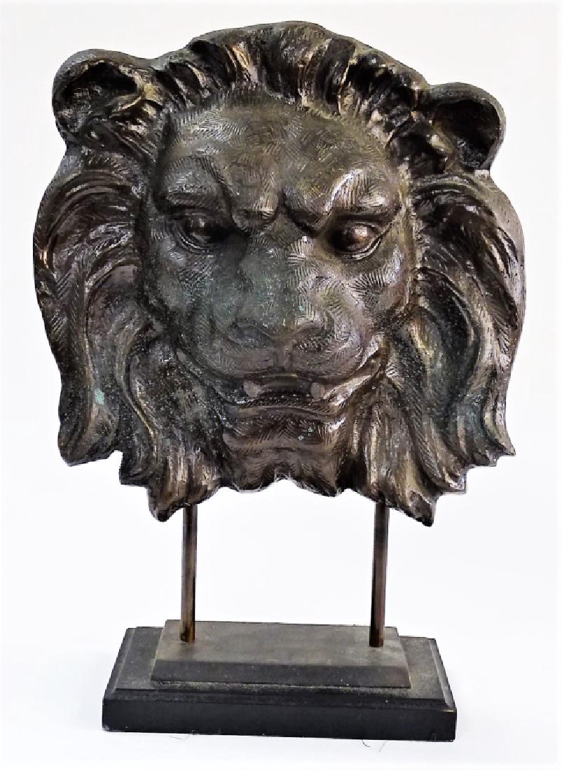LARGE CAST BRONZE LION HEAD DISPLAY ON METAL STAND (1 of 3)