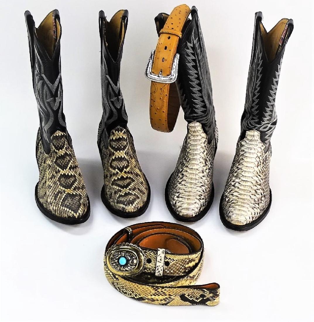 5PC SOUTHWESTERN OUTFITTERS BOOT & BELT SET: Five-piece lot of Southwestern wear to include; two pairs on black and white snakeskin boots, two snakeskin belts, and one tan leather belt. Two belts with ornate buckles. Third party shipping require