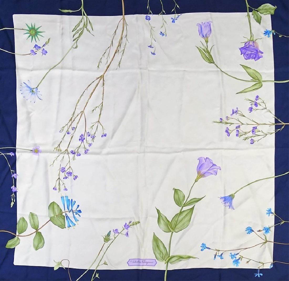 SALVATORE FERRAGAMO DESIGNER SILK TWILL SCARF: Ladies' Salvatore Ferragamo designer silk twill scarf with floral motif print. Measures approx. 32" x 32". Shipping to be $15 + insurance in US.