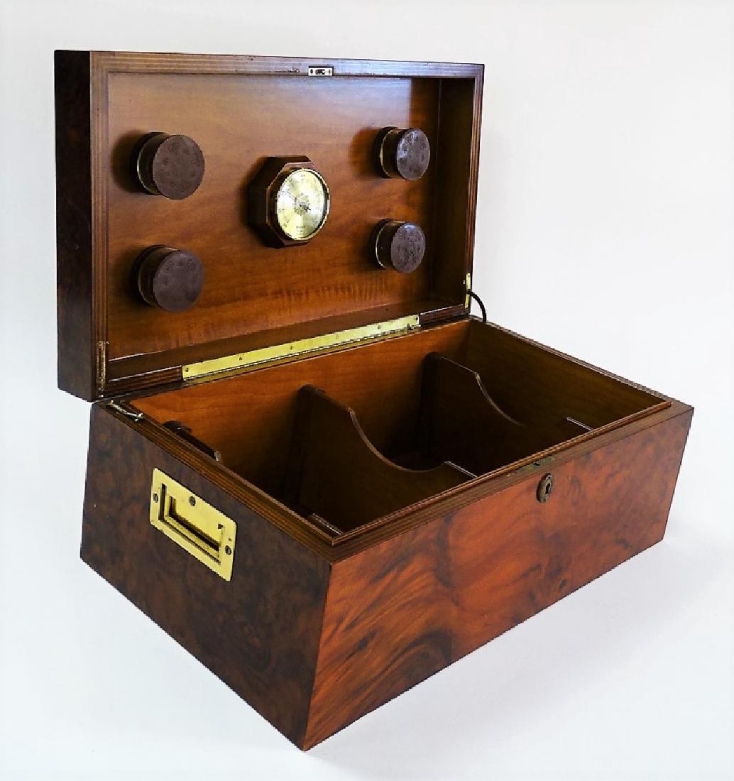 LARGE VINTAGE BURLED WOOD CIGAR HUMIDOR: Large vintage burled wood cigar humidor case, with original key. The interior with wood divider inserts. The lid with inset Hygrometer. Measures approx. 7-5/8"H x 18-1/2"W x 10-5/8"D. Third party ship