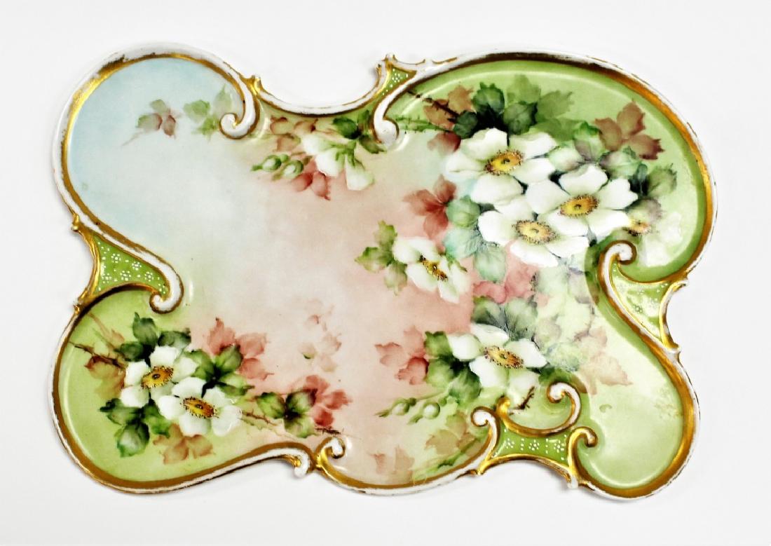 HAND PAINTED GDA LIMOGES PORCELAIN TRAY: Antique Gerard Dufraisseix & Abbot (GDA) Limoges porcelain tray, hand-painted with floral motif and parcel gilt embellishment. Artist initaled "AMH, 1905" to bottom. Measures approx. 11-1/4"L x 7-5/8"
