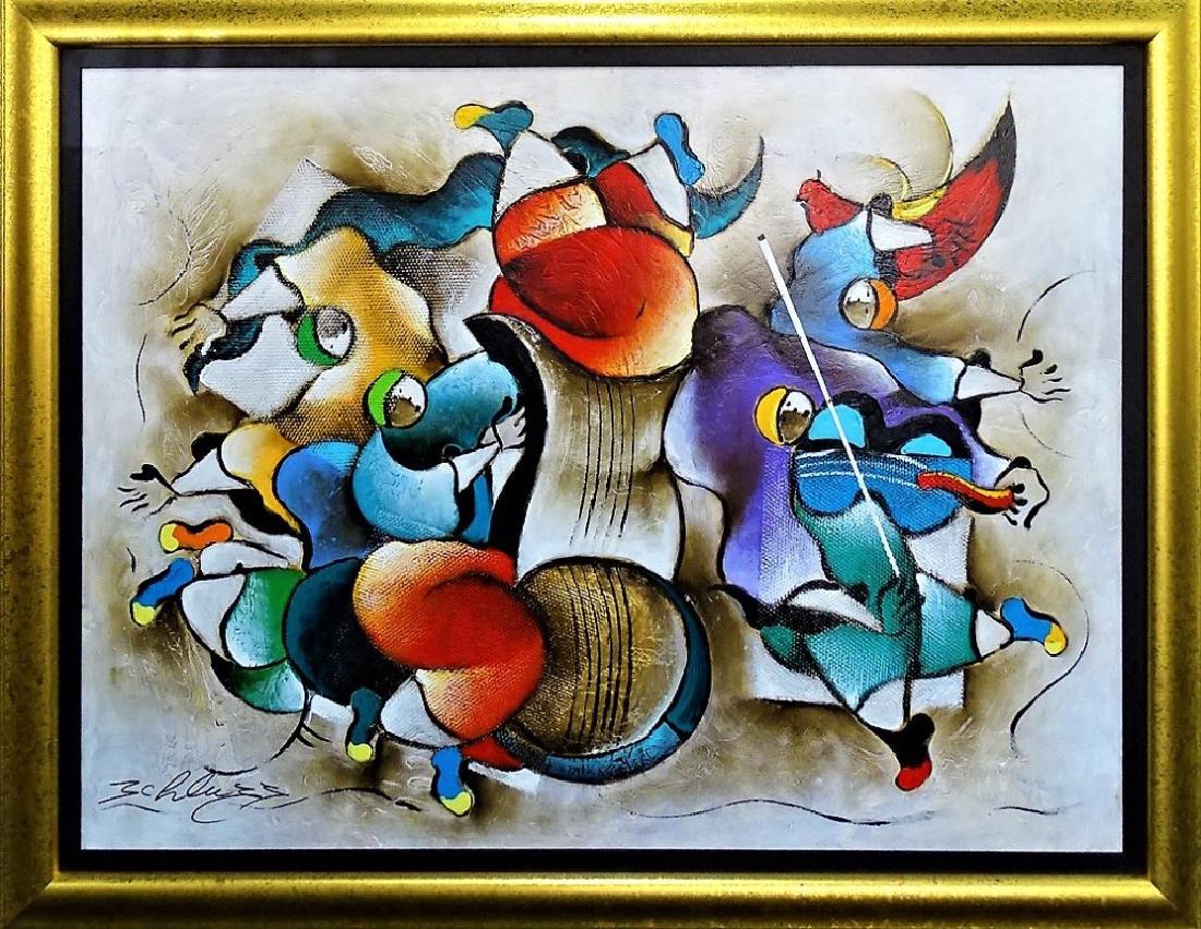 RARE ORIGINAL DAVID SCHLUSS OIL PAINTING ON CANVAS: Schluss, David (B. 1943, Israeli/American) one of a kind original oil painting on canvas titled "Peace". This piece was exclusively created for our local consignor. Hand signed to lower left. Measures