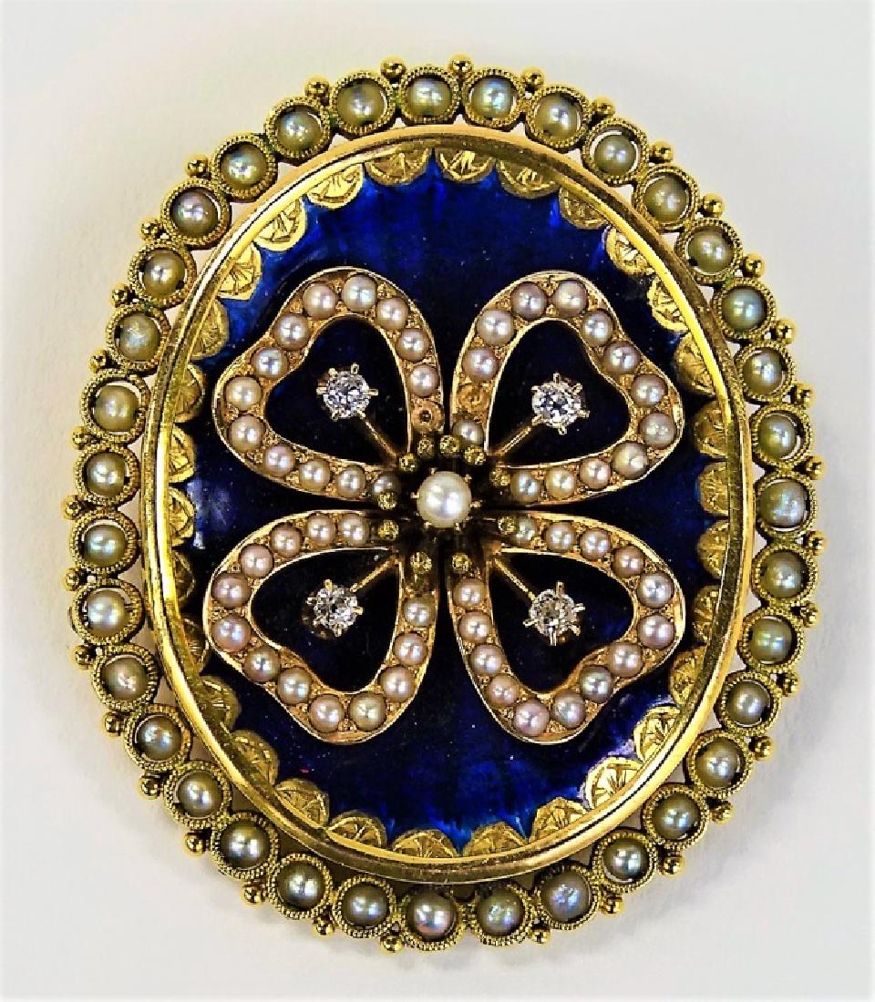 14KT GOLD ENAMELED DIAMOND & PEARL BROOCH (1 of 4)