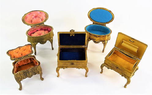 COLLECTION OF FIVE FRENCH BRASS JEWELRY CASKETS: Collection of five antique and vintage French brass jewelry casket boxes, with ornate design, including scrolled Rocaille, Laurel Leaves, and Acanthus. Largest measures approx. 4-1/4"H x 4-1/2"W.