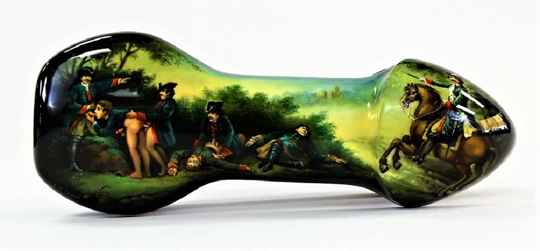 HAND PAINTED EROTIC RUSSIAN LACQUER BOX: Fine Russian lacquer casket box, in phallic form, hand-painted with highly detailed homoerotic scene in depiction of an Russian soldiers engaging in sexual acts on the battlefield. Artist signed in cy