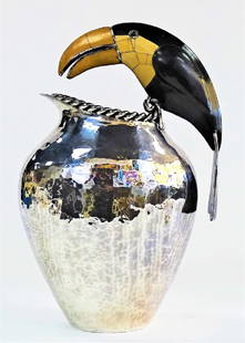 EMILIA CASTILLO SILVER PLATED TOUCAN PITCHER: Emilia Castillo Mexican silver plated Toucan handle pitcher, with beautiful hand-hammered design, having a hand-laid rope work rim. Set with a variety of hand-laid stones including Onyx and Jasper. Ha