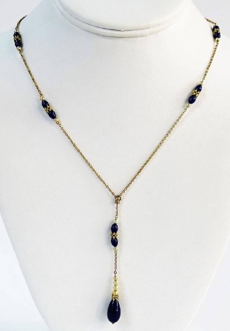 ANTIQUE 10KT YG LAPIS LAZULI & PEARL BEAD NECKLACE (1 of 3)