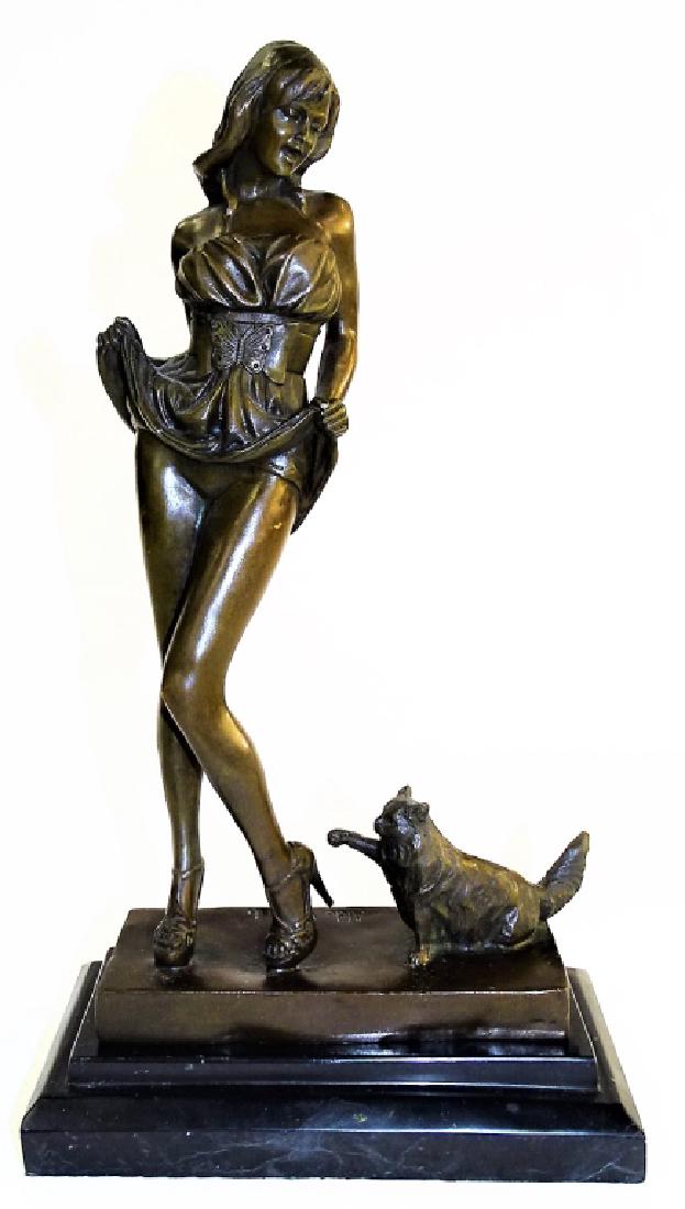 ALDO VITALEH RISQUE FEMALE BRONZE SCULPTURE: Aldo Vitaleh 20th century bronze sculpture modeled in the figural form of a woman lifting her dress in a risque manner. Signed to base "Aldo Vitaleh". Mounted atop a stepped marble base. Stands approx