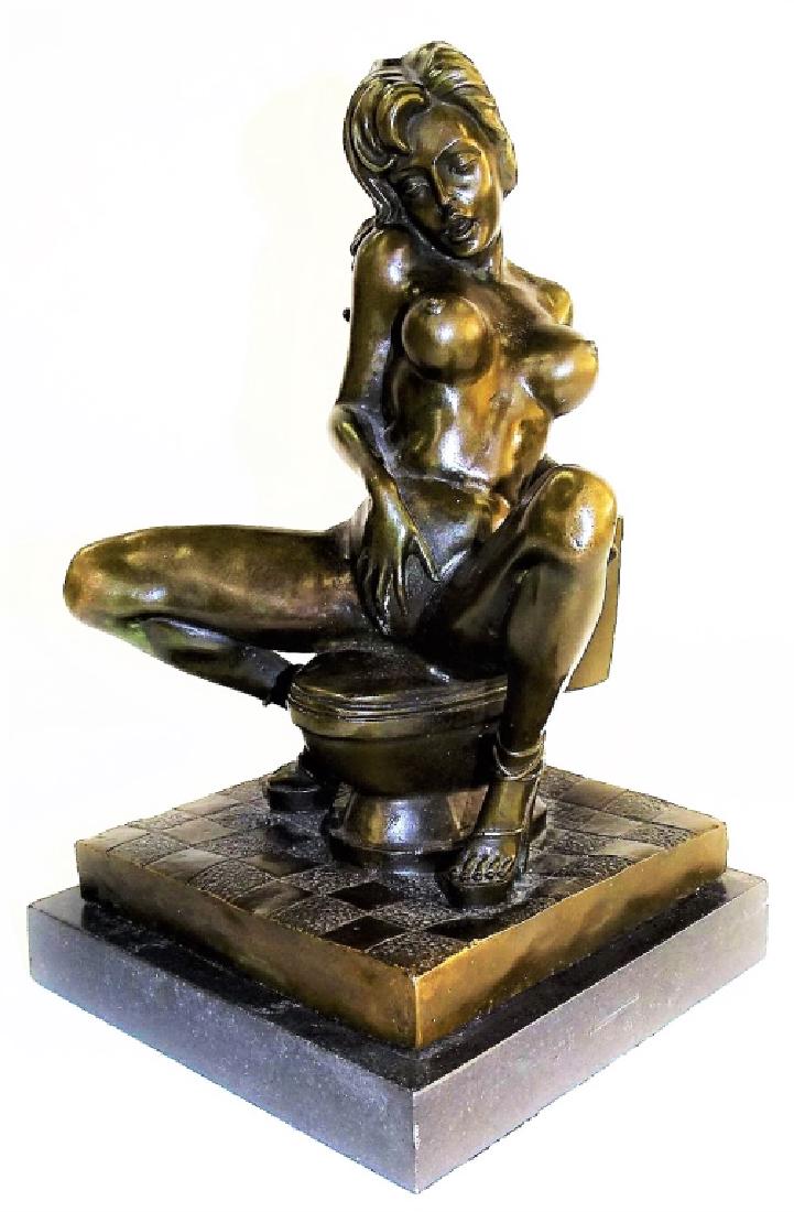 20TH CENTURY EROTIC BRONZE SCULPTURE SIGNED PREISS: 20th century bronze sculpture modeled in the figural form of a woman in an erotic seated position on the toilet. Signed "Preiss" with foundry mark. Mounted atop a square marble base. Stands approx. 12