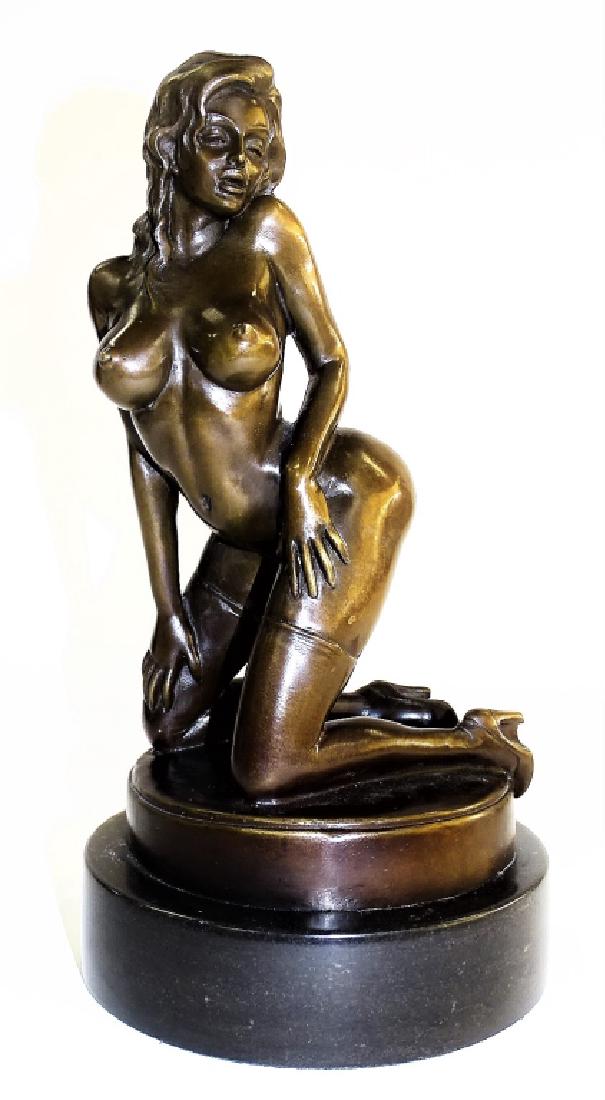 20TH CENTURY EROTIC BRONZE SCULPTURE SIGNED BEACH: 20th century bronze sculpture modeled in the figural form of a woman in an erotic kneeling position. Signed "Beach". Mounted atop a circular marble base. Stands approx. 12-1/2"H. Third party shipping 