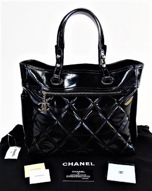 Large Chanel Black Patent Leather Tote Bag