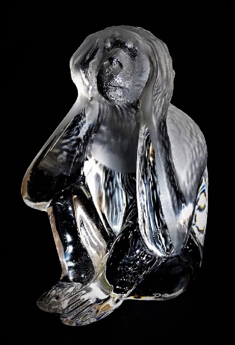 DAUM FRANCE WISE MONKEY CRYSTAL FIGURINE: Daum - France molded & frosted Pate-de-Verre crystal figurine. In the form of one of the "Three Wise Monkeys", specifically the "Hear No Evil" Monkey, done in clear color. Has etched Daum France signa