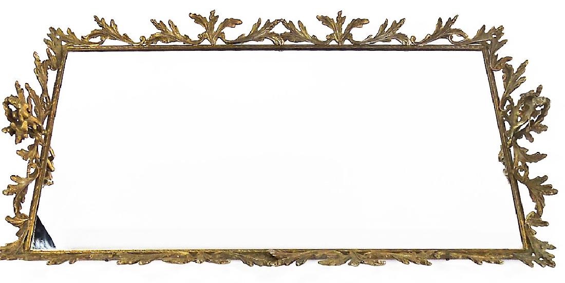 LARGE FRENCH SOFT METAL MIRRORED PLATEAU: Large antique French soft metal plateau tray. Done in Neo-Classical style with Acanthus form border, figural cherub handles with birds, and Ivy Leaf banding around the edges. Set with a large rectangu